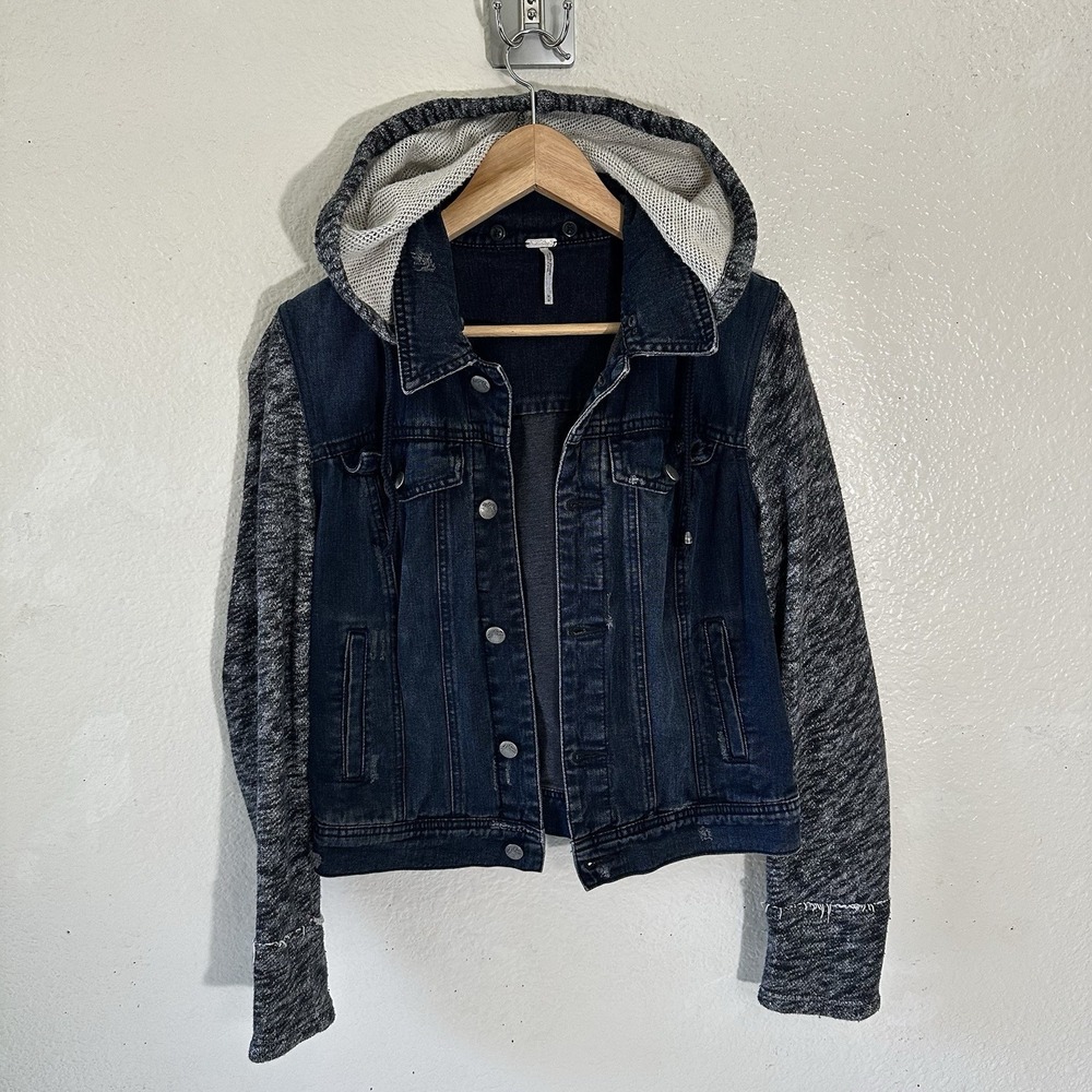 Free People Hooded Denim Jacket Womens Medium Knit Distressed Drawstrings